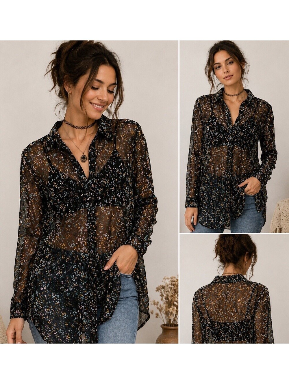 Eden & Olivia Black Floral Mesh Tunic Top S Sheer Cottagecore Fairy Boho Blouse